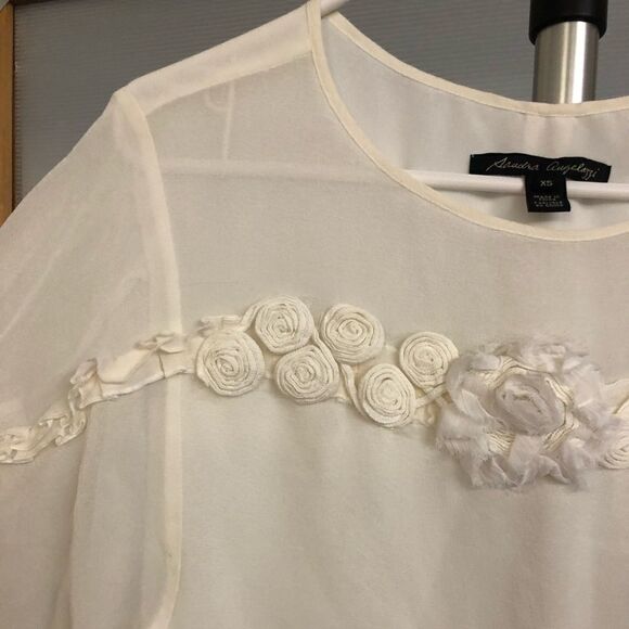 Sandra Angelozzi 100% Silk Cream Textural Floral Lined 3/4 Sleeve Blouse Sz XS - Picture 2 of 6